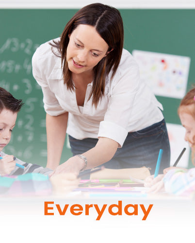 Female teacher in classroom with text "Everyday"