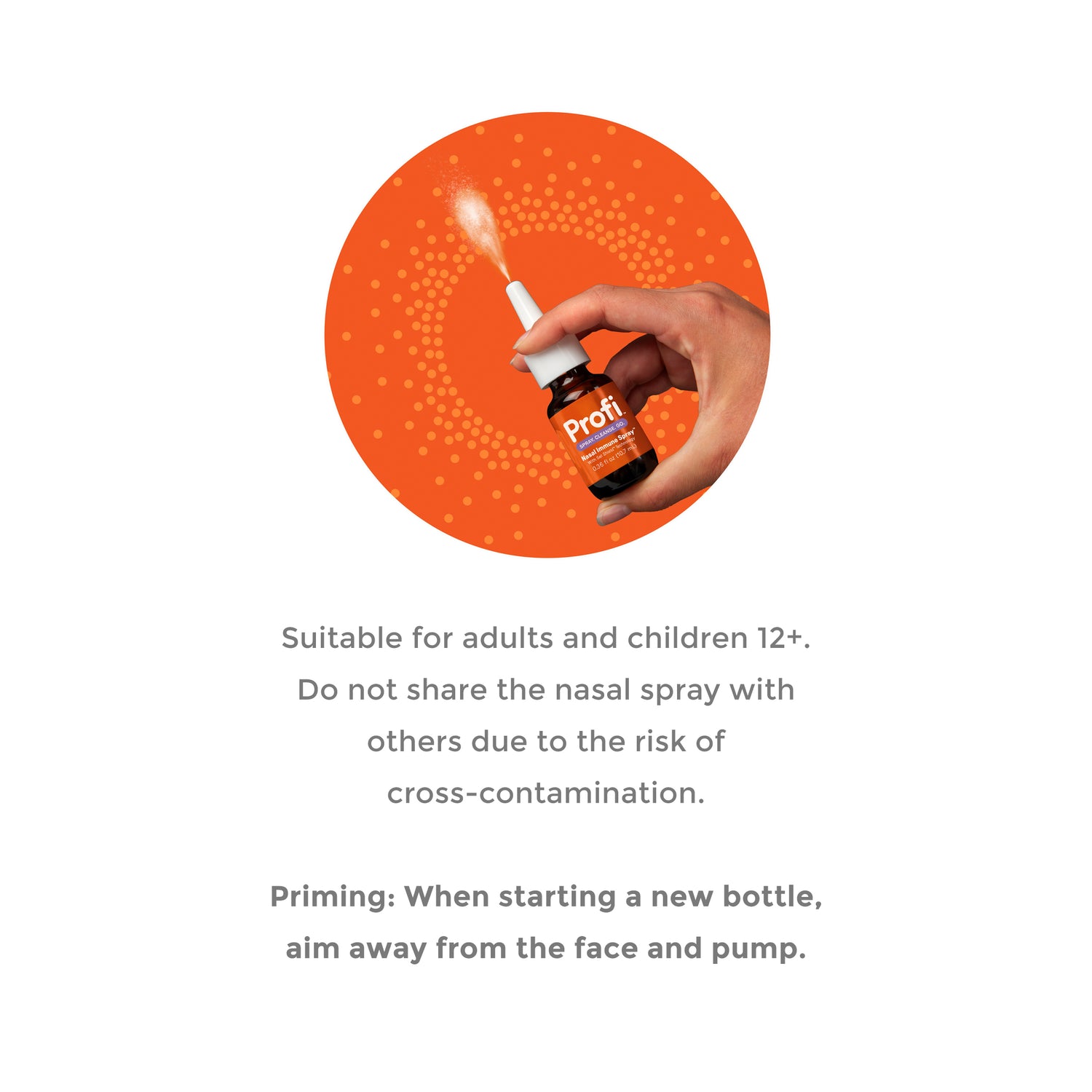 Profi bottle and hand on an orange background with pump priming instructions and usage instructions. 