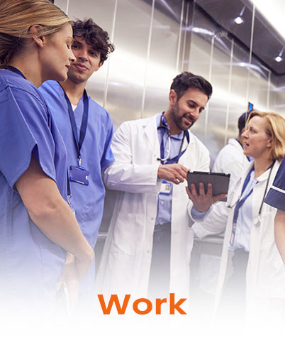 Doctors/nurses gathering with text "Work" 